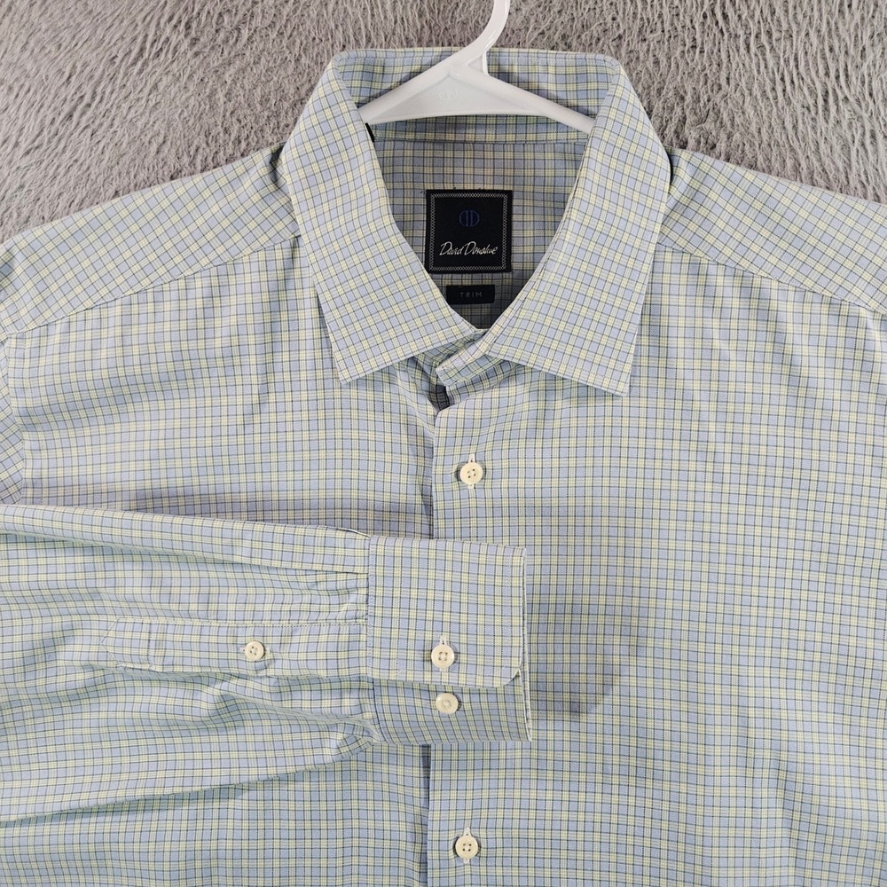 David Donahue Dress Shirt Mens 17 34/35 Trim Fit Blue Green‎ Plaid Cotton L/S